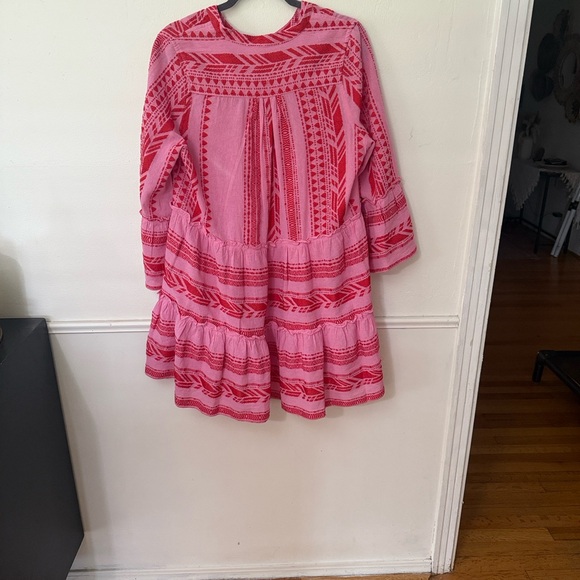 Elan Pink Red Embroidered Boho Tiered Charli Mini Dress Bell Sleeve Size M - Picture 6 of 6